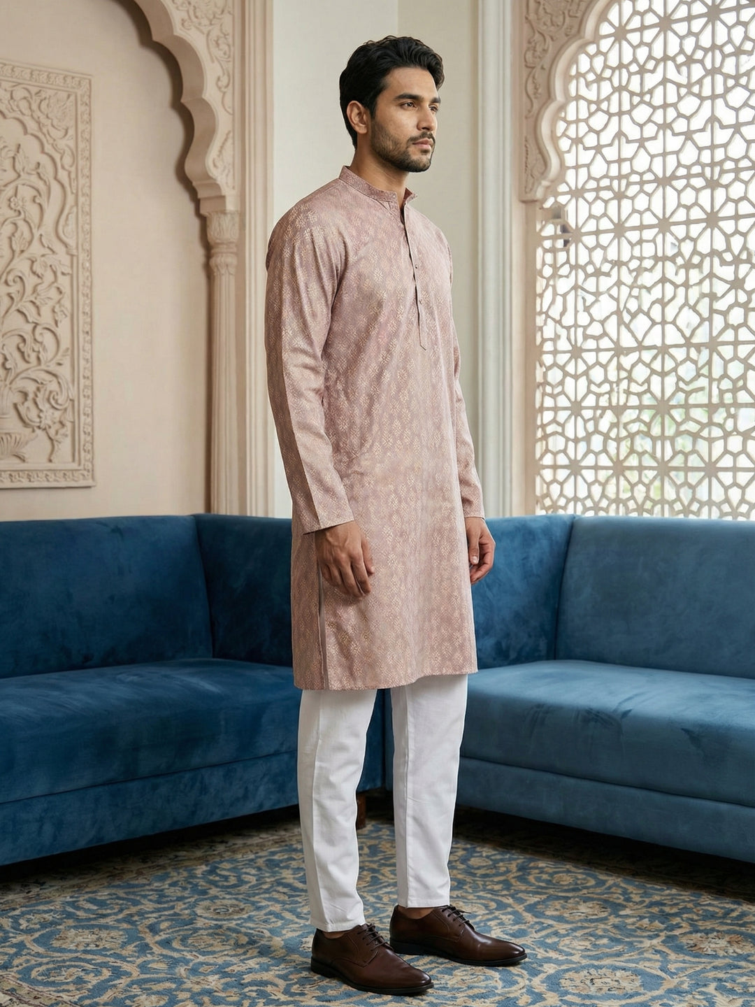 Peach Foil Printed Kurta With Pyjama