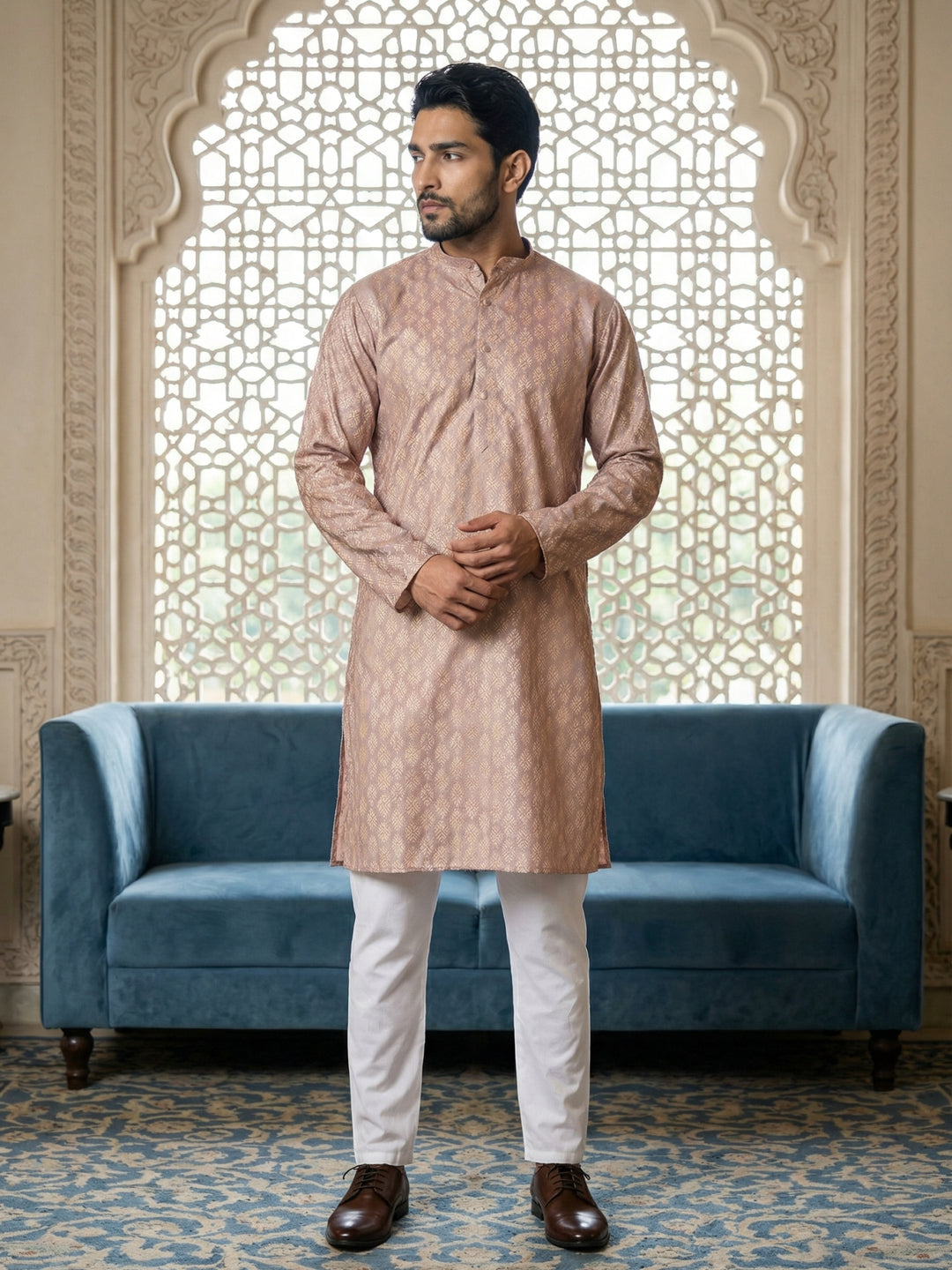 Peach Foil Printed Kurta With Pyjama