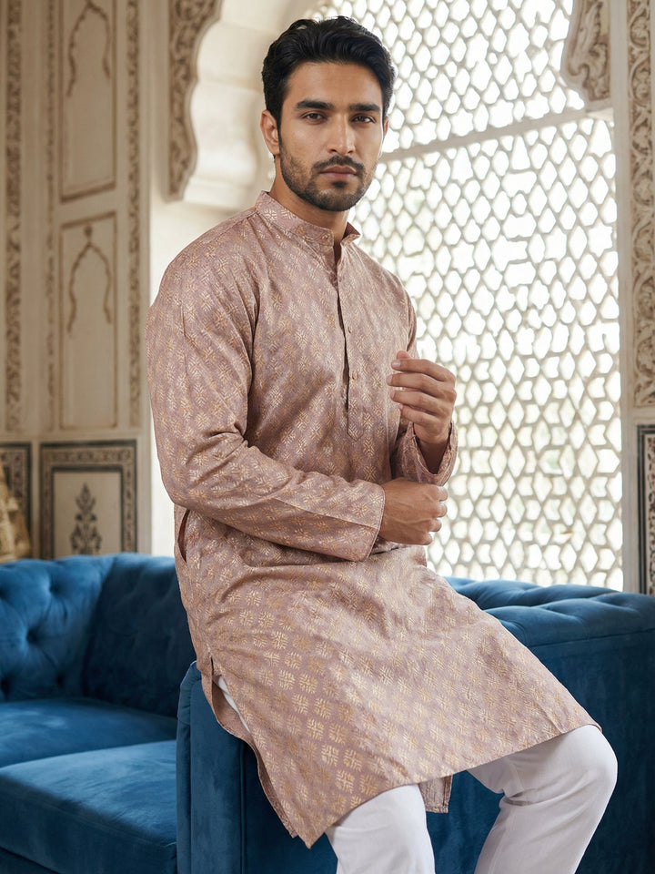 Peach Foil Printed Kurta With Pyjama