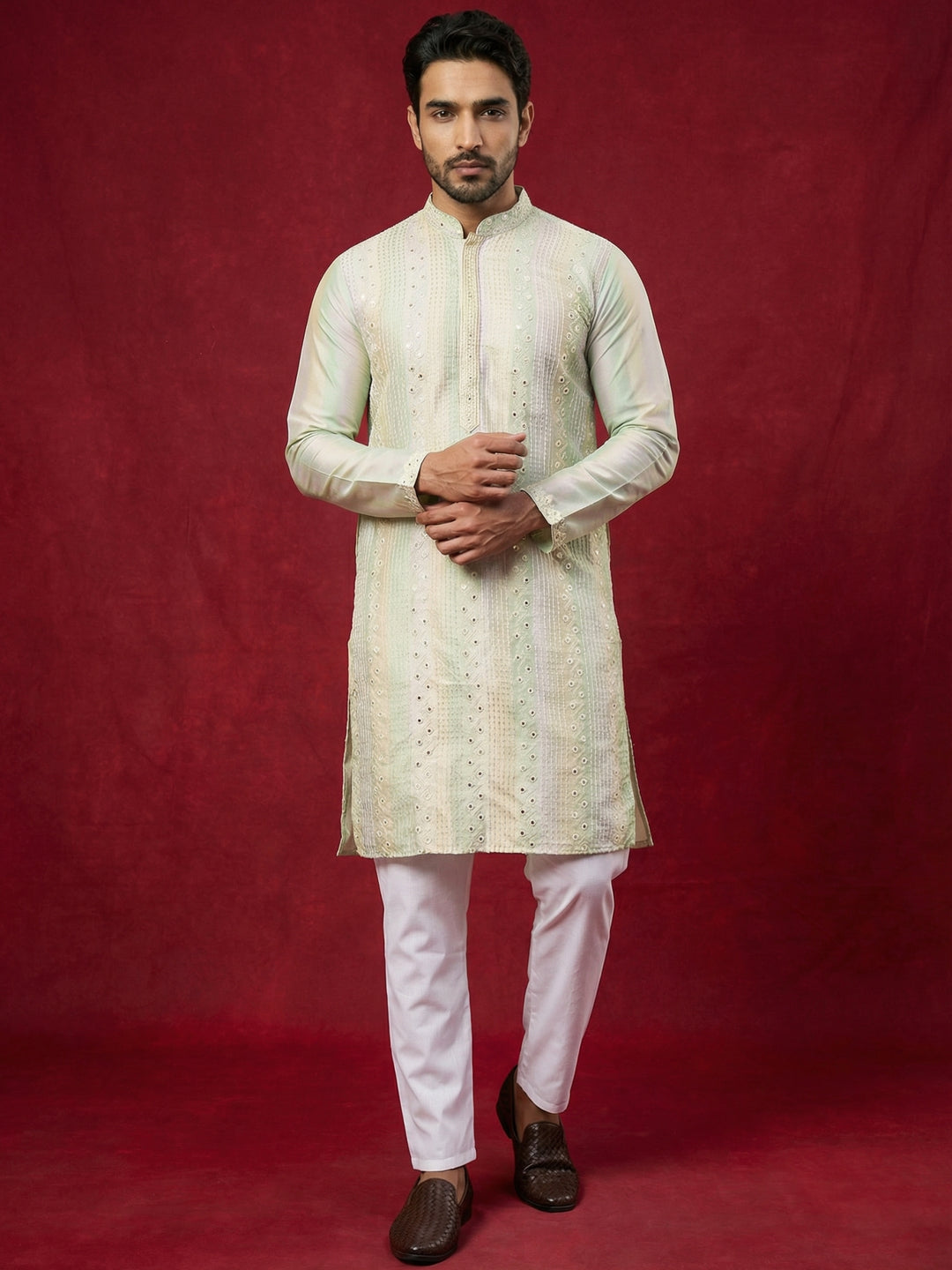 Embroidered And Mirror Work Straight Kurta Set For Men,