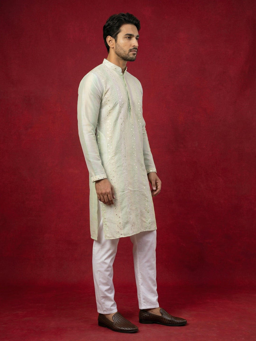 Embroidered And Mirror Work Straight Kurta Set For Men,