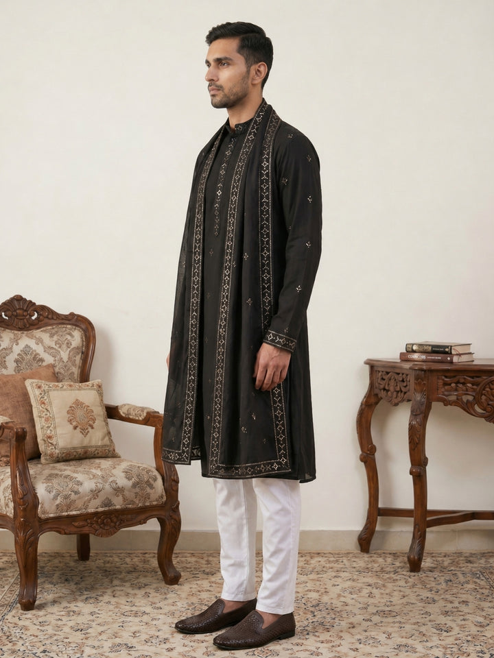 Silk Blend Embroidered Kurta Pyjama With Dupatta