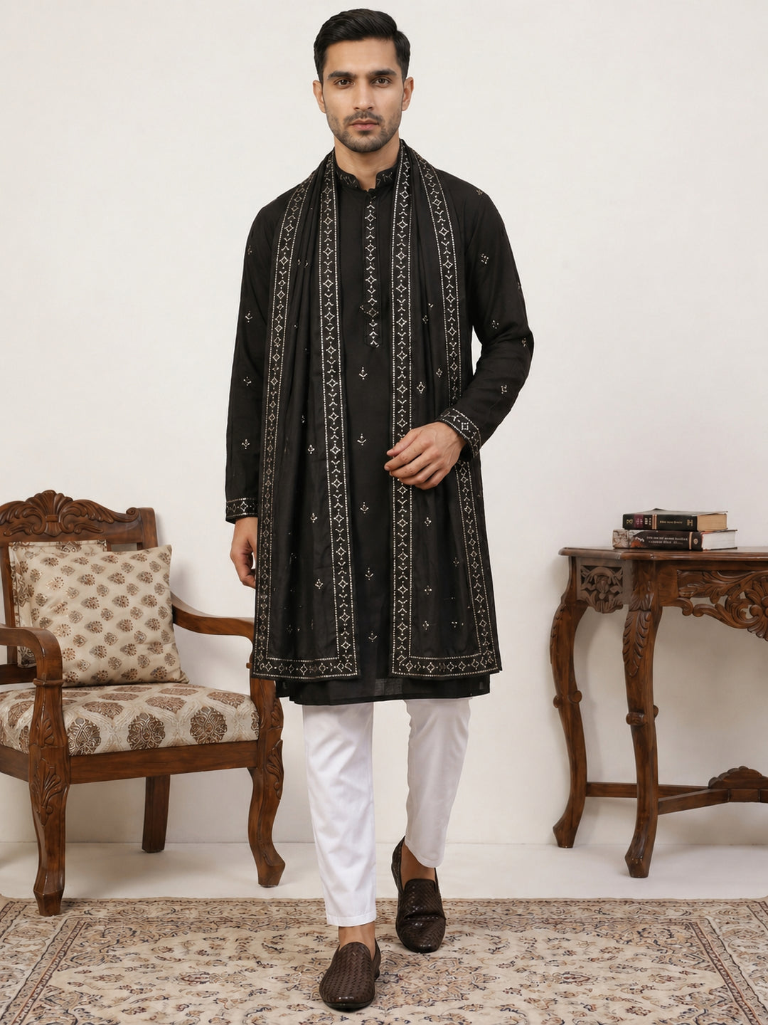 Silk Blend Embroidered Kurta Pyjama With Dupatta