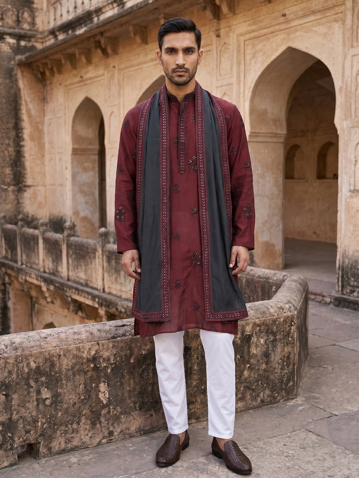 Embroidered &amp; Sequin Kurta Pyjama With Dupatta