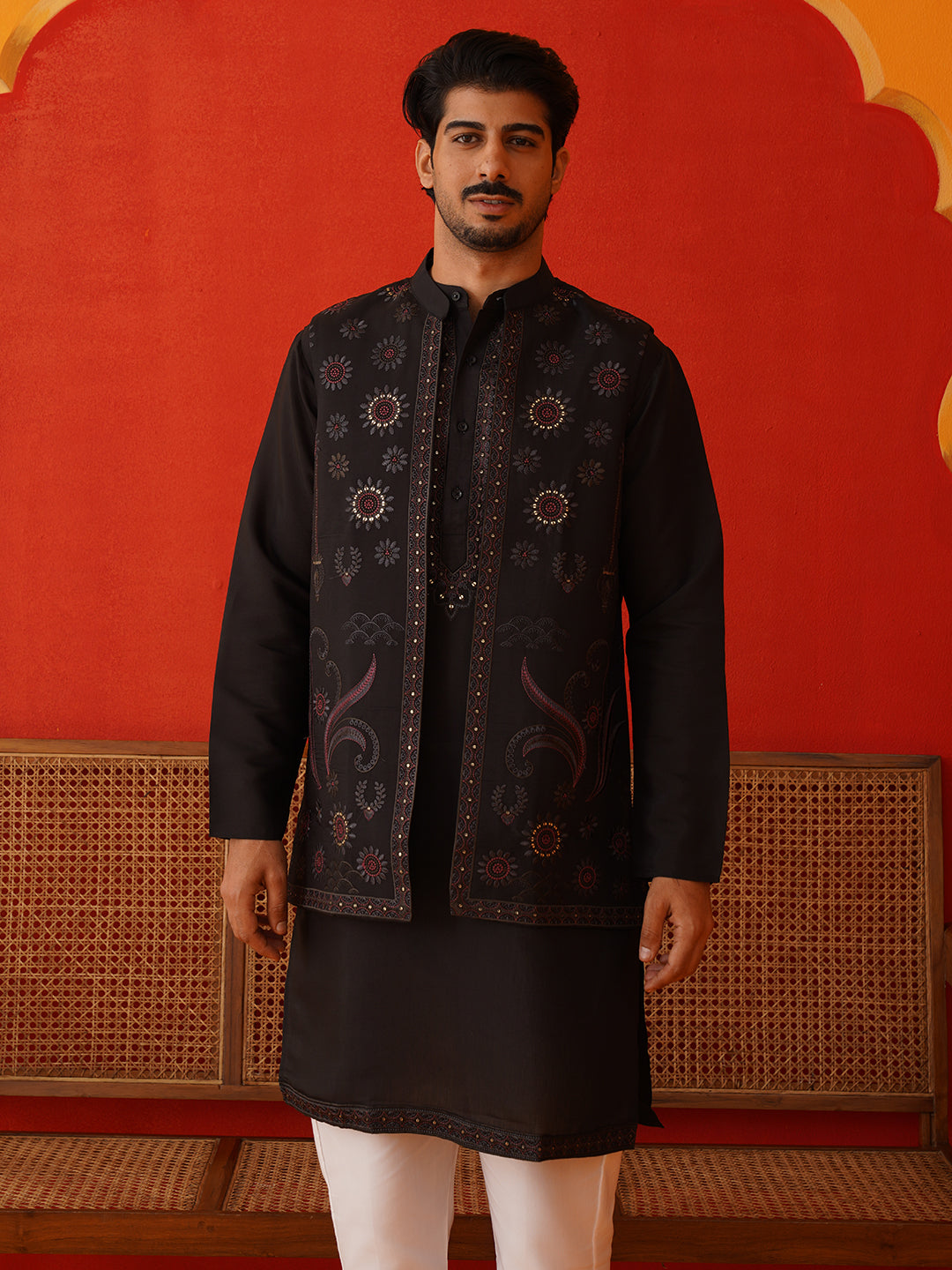 Embroidered Waistcoat &amp; Solid Kurta Pyjama For Men