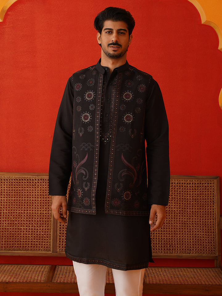 Embroidered Waistcoat &amp; Solid Kurta Pyjama For Men