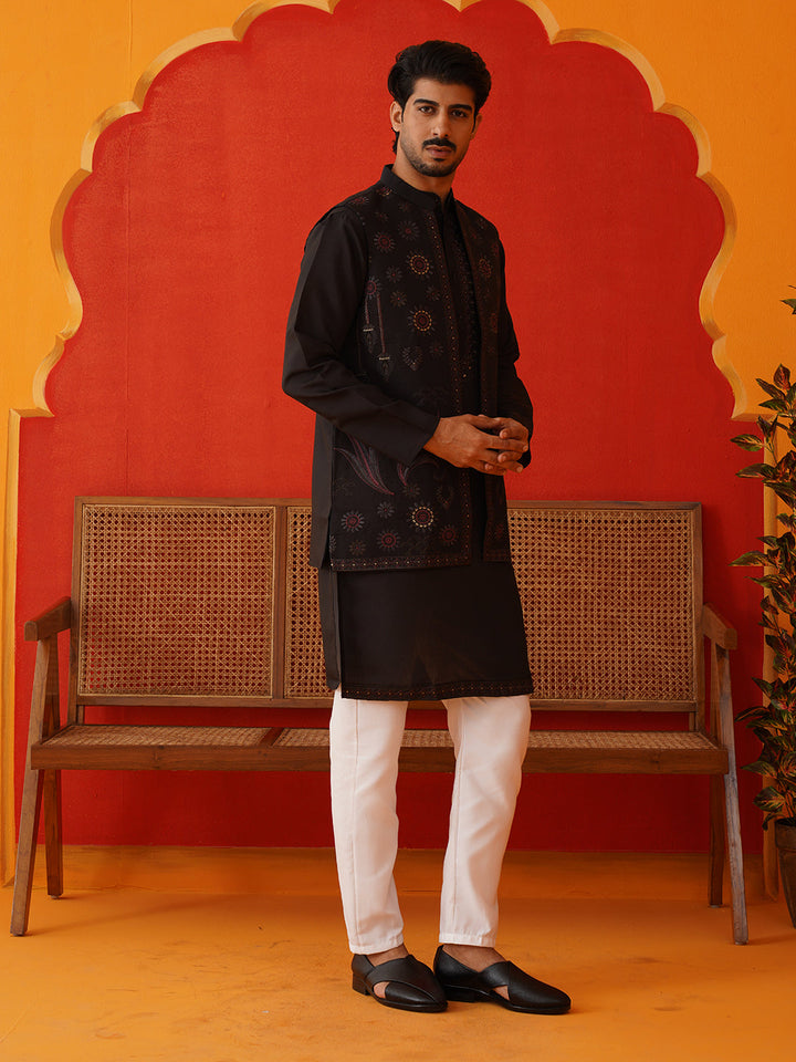 Embroidered Waistcoat &amp; Solid Kurta Pyjama For Men