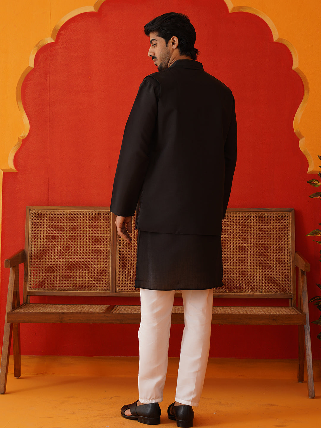 Embroidered Waistcoat &amp; Solid Kurta Pyjama For Men