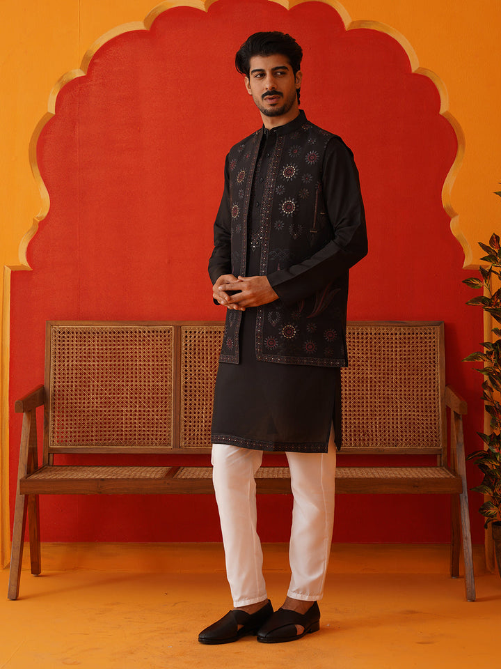 Embroidered Waistcoat &amp; Solid Kurta Pyjama For Men