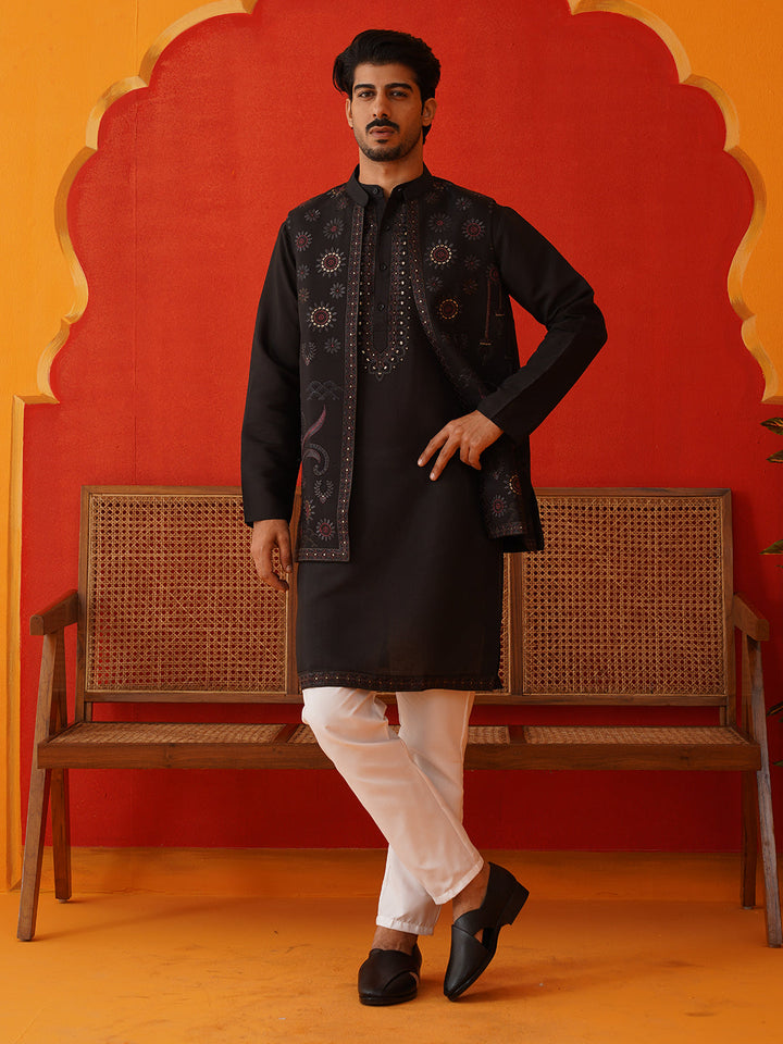 Embroidered Waistcoat &amp; Solid Kurta Pyjama For Men