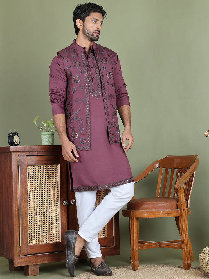 Embroidered Waistcoat &amp; Solid Kurta Pyjama For Men