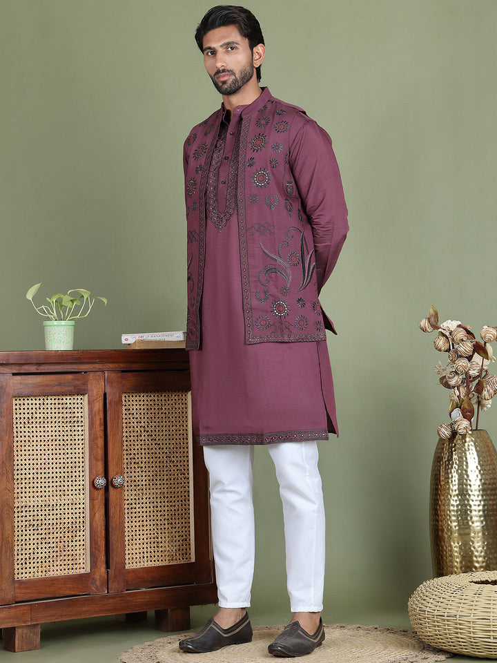 Embroidered Waistcoat &amp; Solid Kurta Pyjama For Men