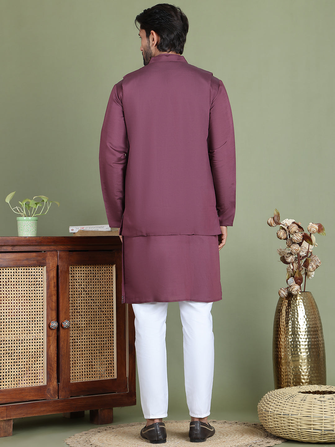 Embroidered Waistcoat &amp; Solid Kurta Pyjama For Men