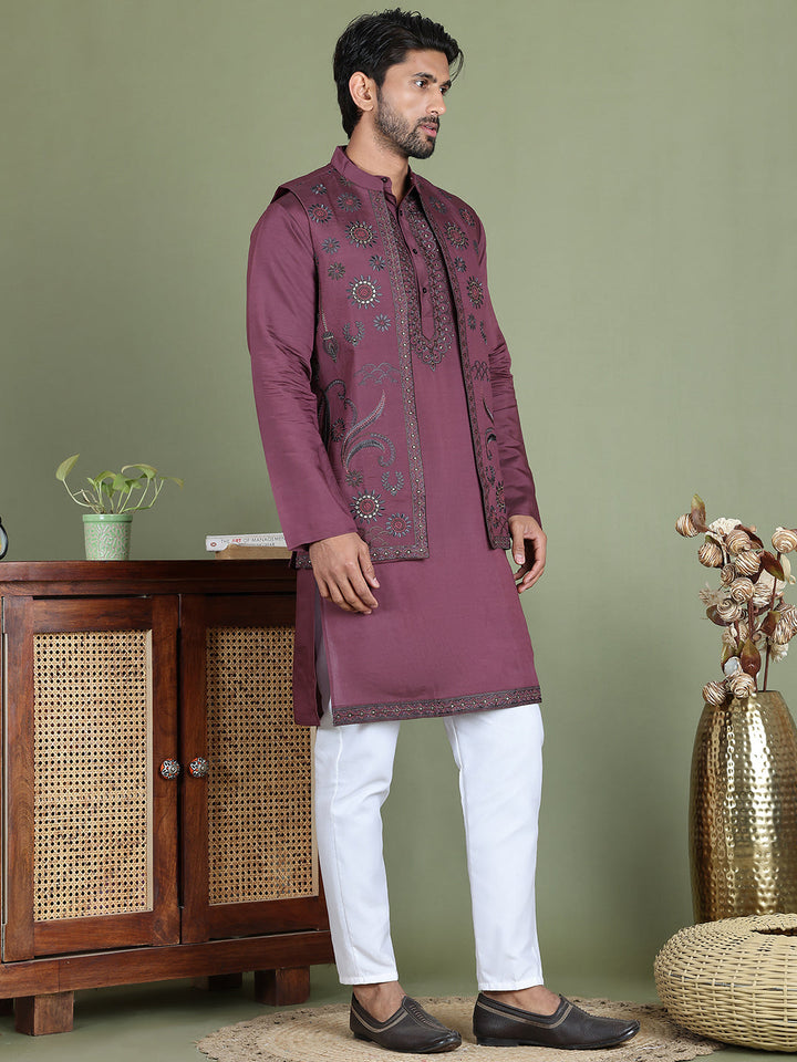 Embroidered Waistcoat &amp; Solid Kurta Pyjama For Men