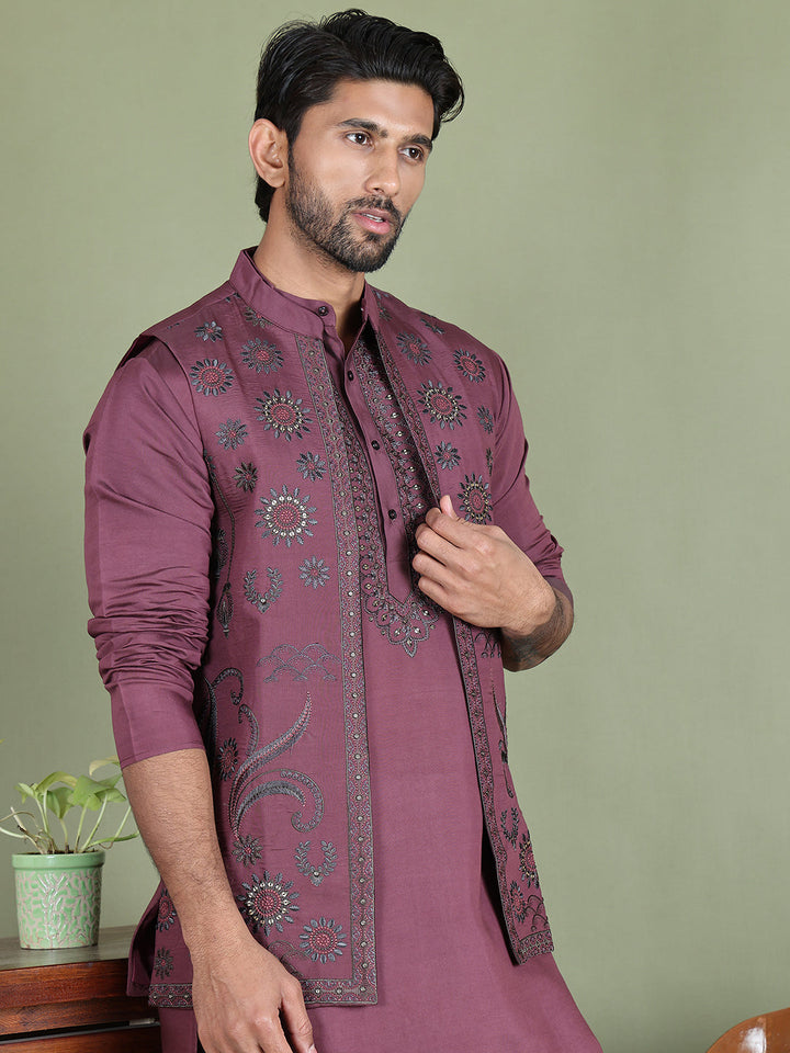 Embroidered Waistcoat &amp; Solid Kurta Pyjama For Men