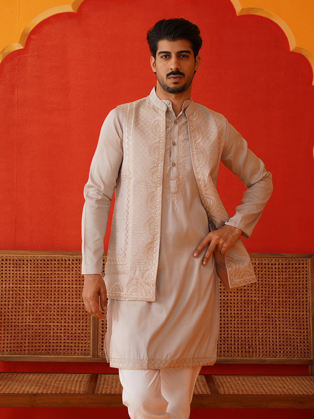 Embroidered Waistcoat &amp; Solid Kurta Pyjama For Men