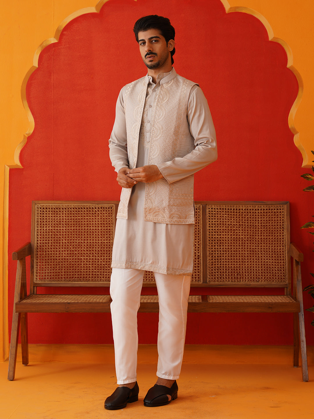 Embroidered Waistcoat &amp; Solid Kurta Pyjama For Men