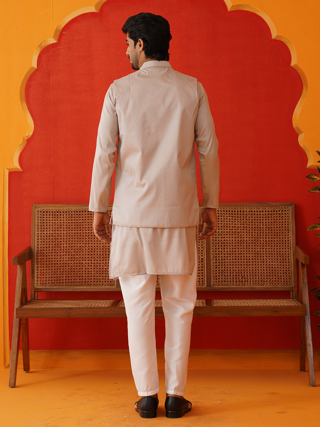 Embroidered Waistcoat &amp; Solid Kurta Pyjama For Men