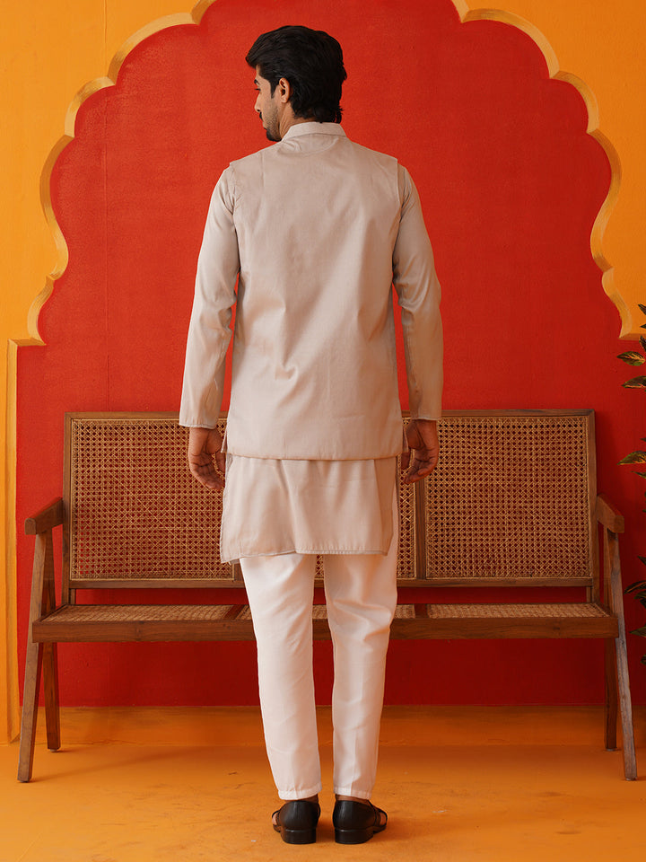 Embroidered Waistcoat &amp; Solid Kurta Pyjama For Men