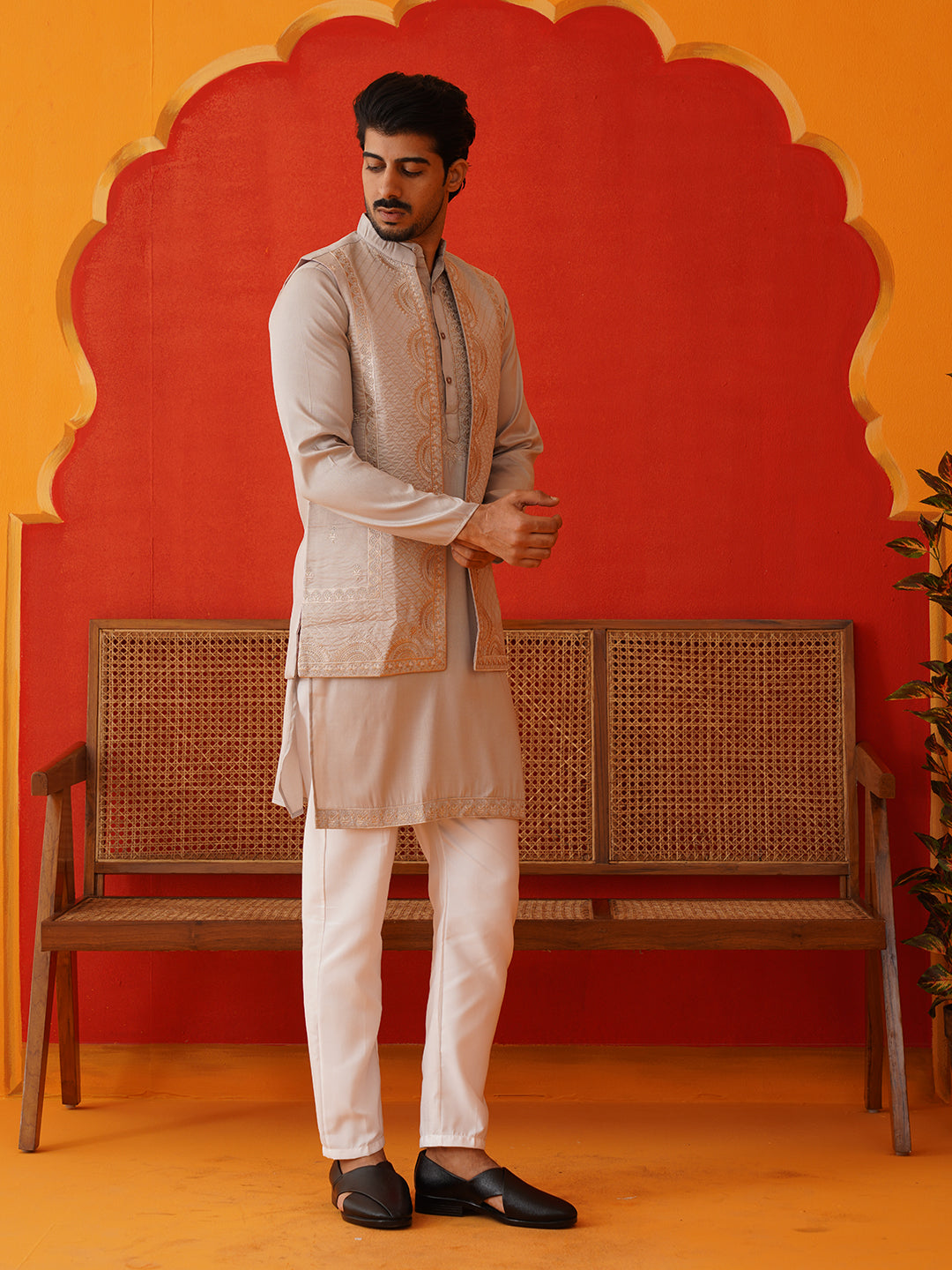 Embroidered Waistcoat &amp; Solid Kurta Pyjama For Men