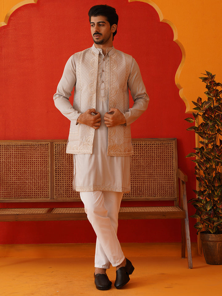 Embroidered Waistcoat &amp; Solid Kurta Pyjama For Men