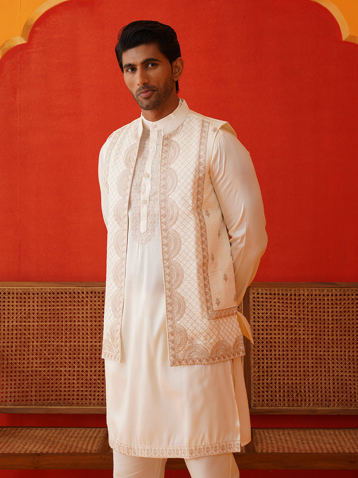 Embroidered Waistcoat &amp; Solid Kurta Pyjama For Men