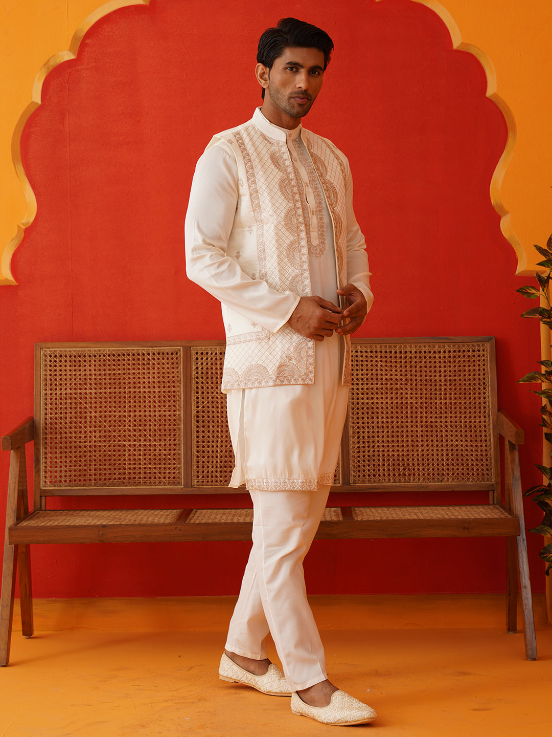 Embroidered Waistcoat &amp; Solid Kurta Pyjama For Men