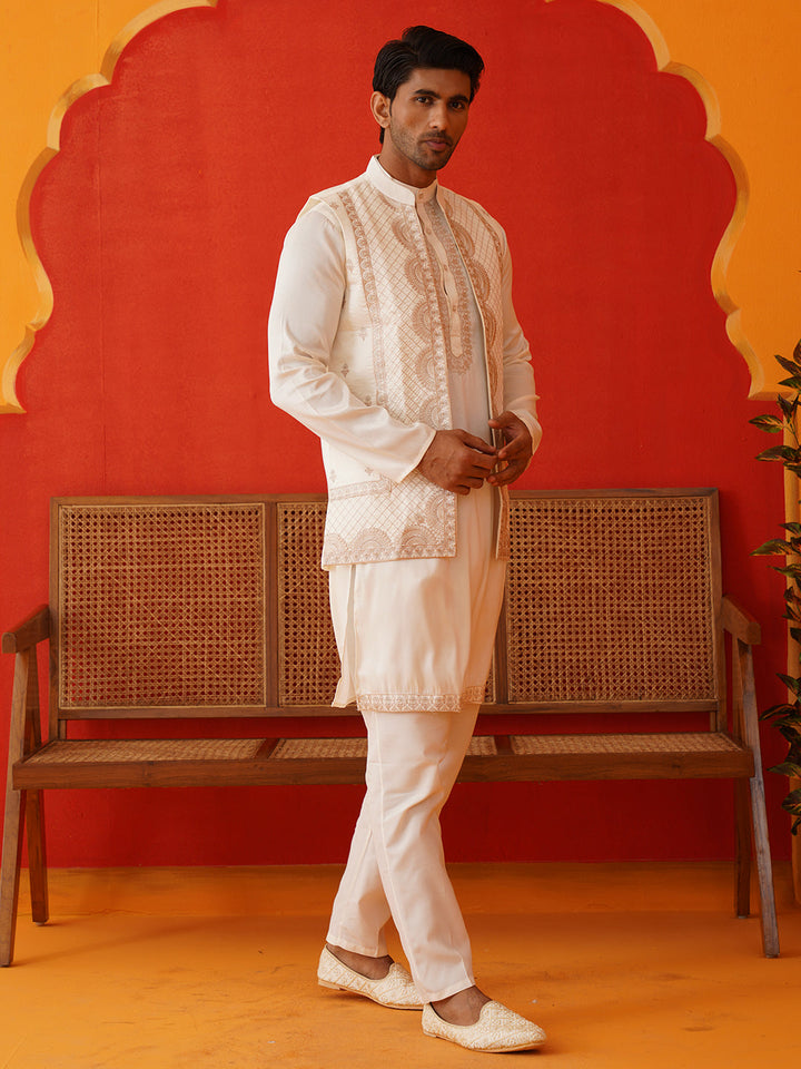 Embroidered Waistcoat &amp; Solid Kurta Pyjama For Men
