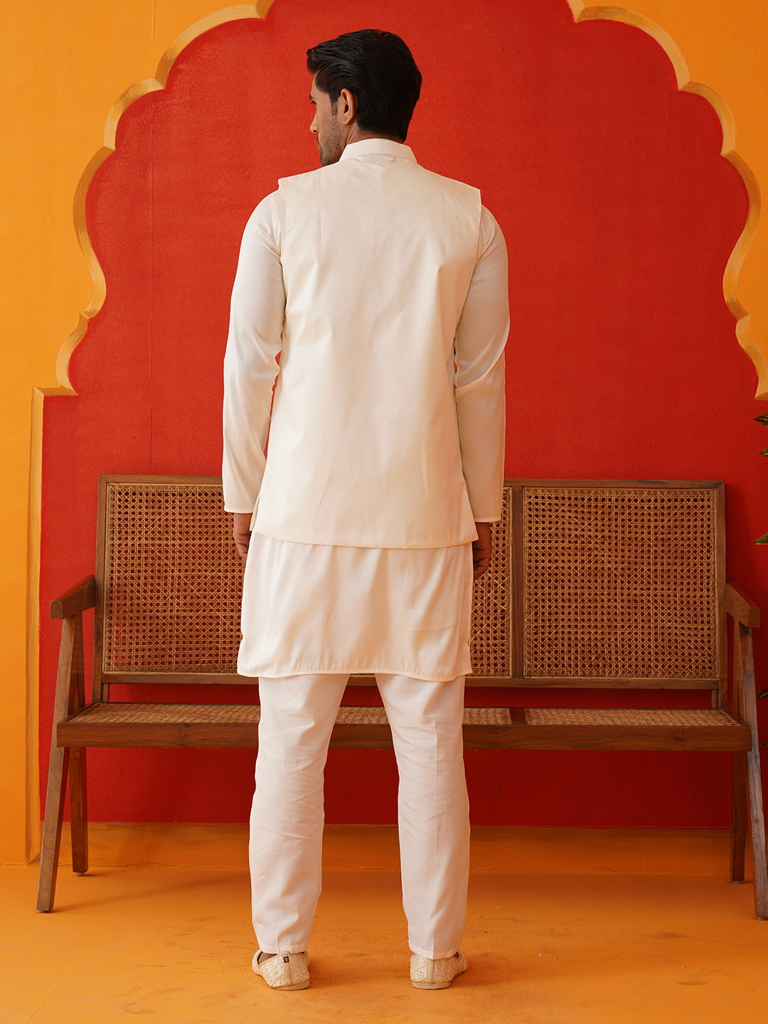 Embroidered Waistcoat & Solid Kurta Pyjama For Men