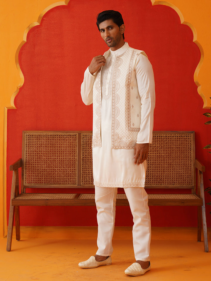 Embroidered Waistcoat &amp; Solid Kurta Pyjama For Men
