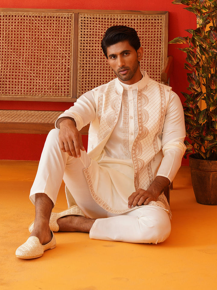 Embroidered Waistcoat &amp; Solid Kurta Pyjama For Men
