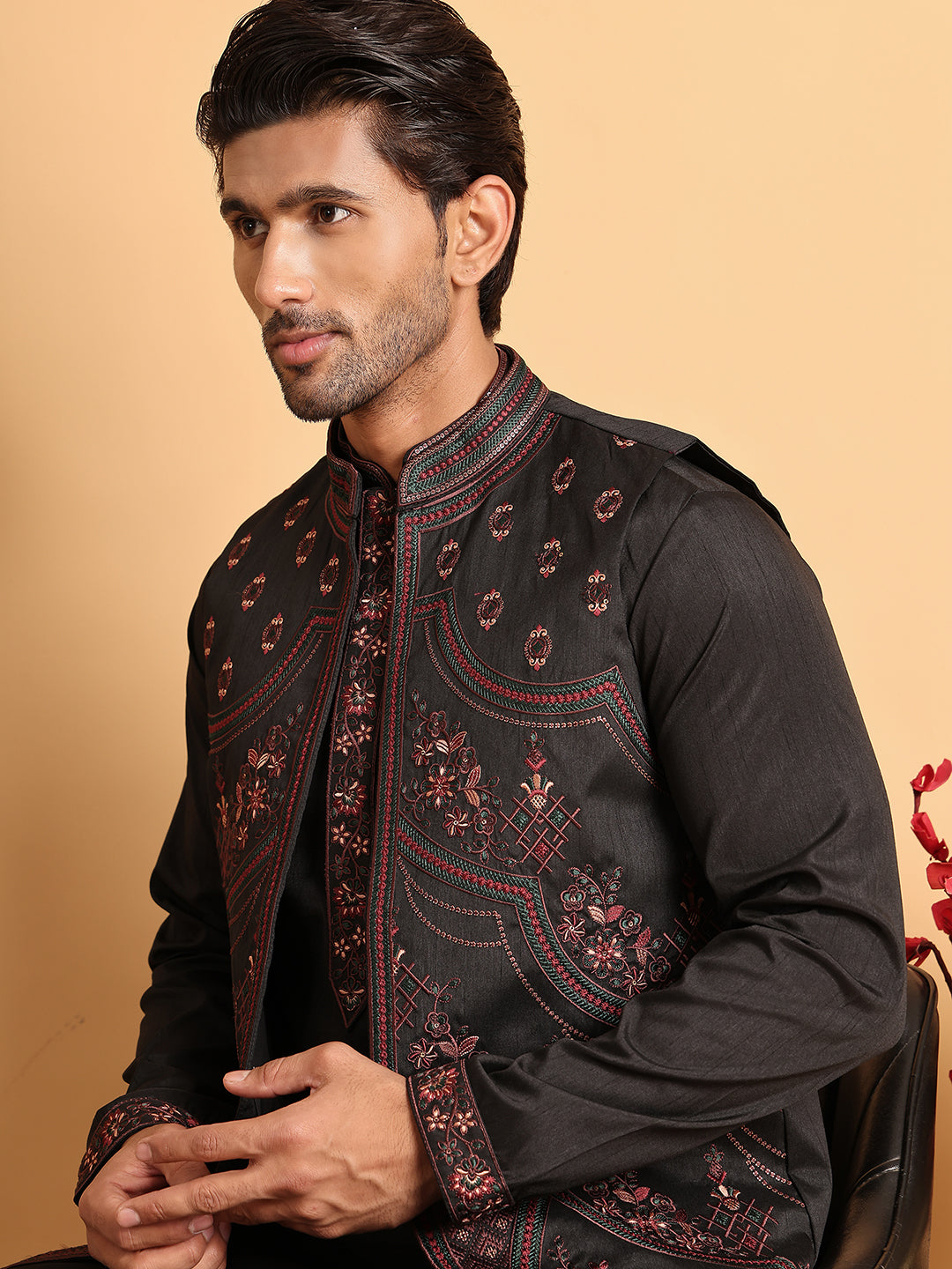Embroidered Waistcoat And Kurta Pyjama For Men