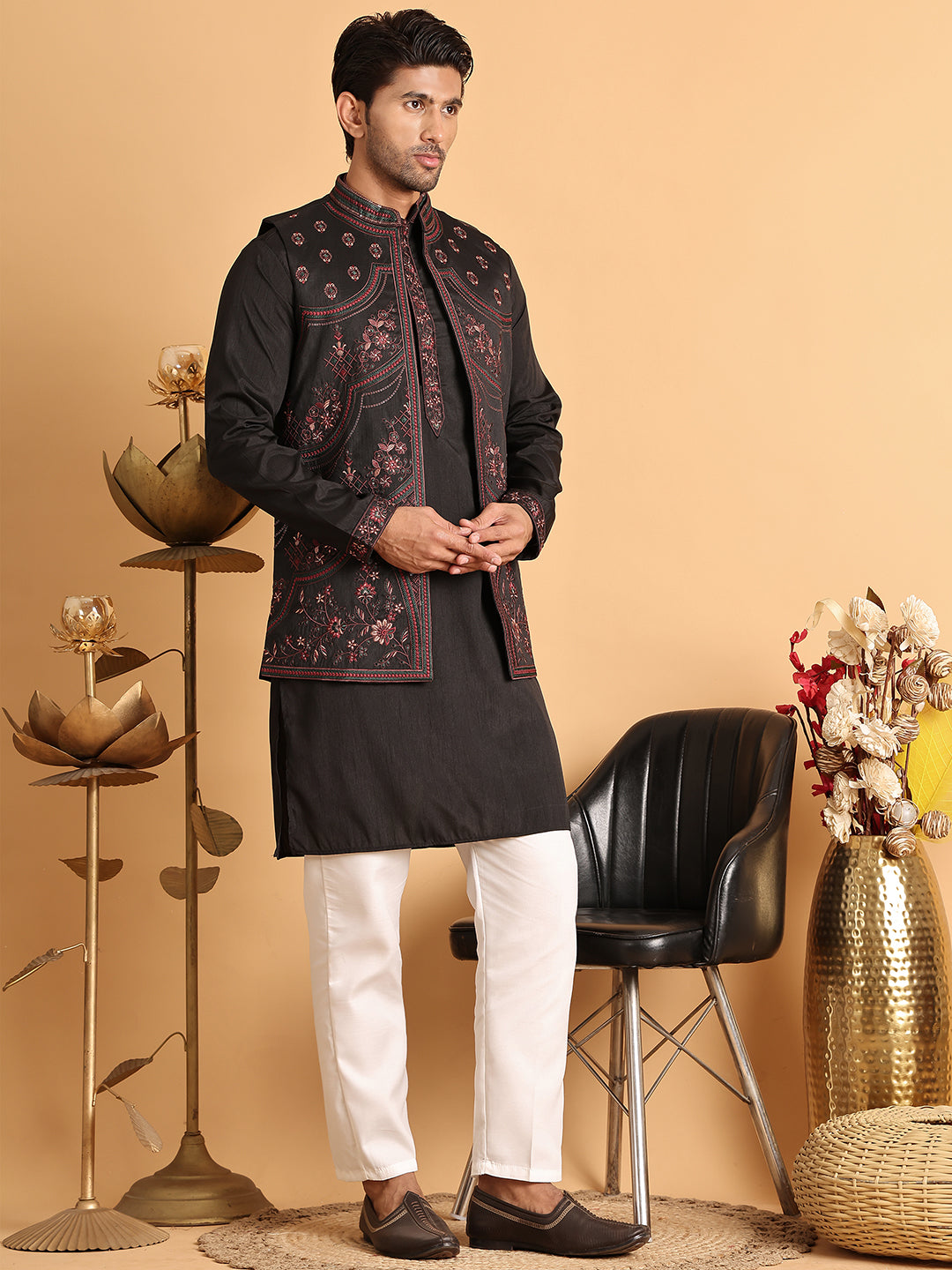 Embroidered Waistcoat And Kurta Pyjama For Men