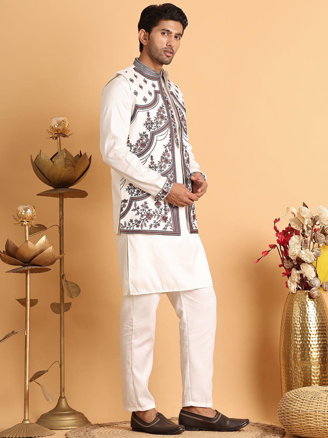 Embroidered Waistcoat And Kurta Pyjama For Men