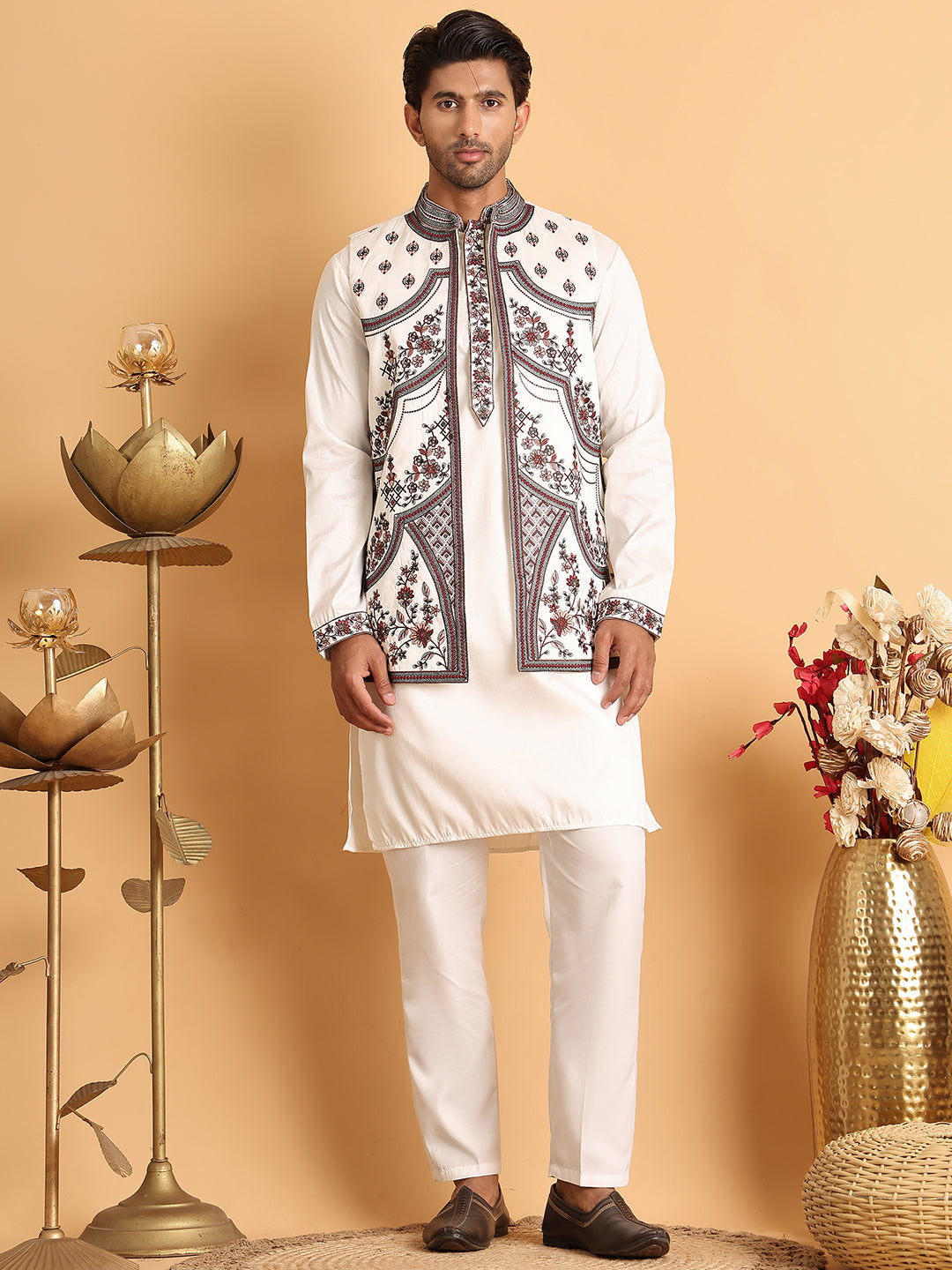 Embroidered Waistcoat And Kurta Pyjama For Men