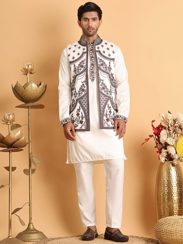 Embroidered Waistcoat And Kurta Pyjama For Men