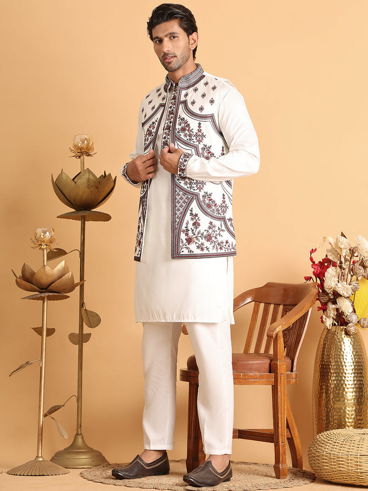 Embroidered Waistcoat And Kurta Pyjama For Men
