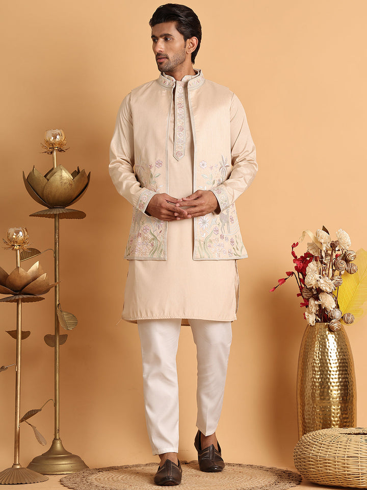 Embroidered Waistcoat And Kurta Pyjama For Men