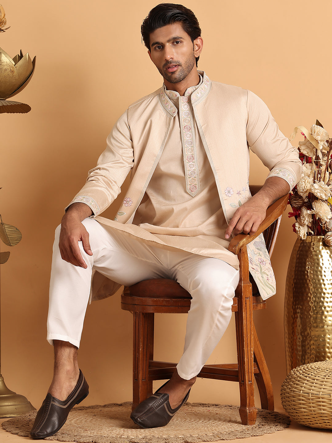 Embroidered Waistcoat And Kurta Pyjama For Men