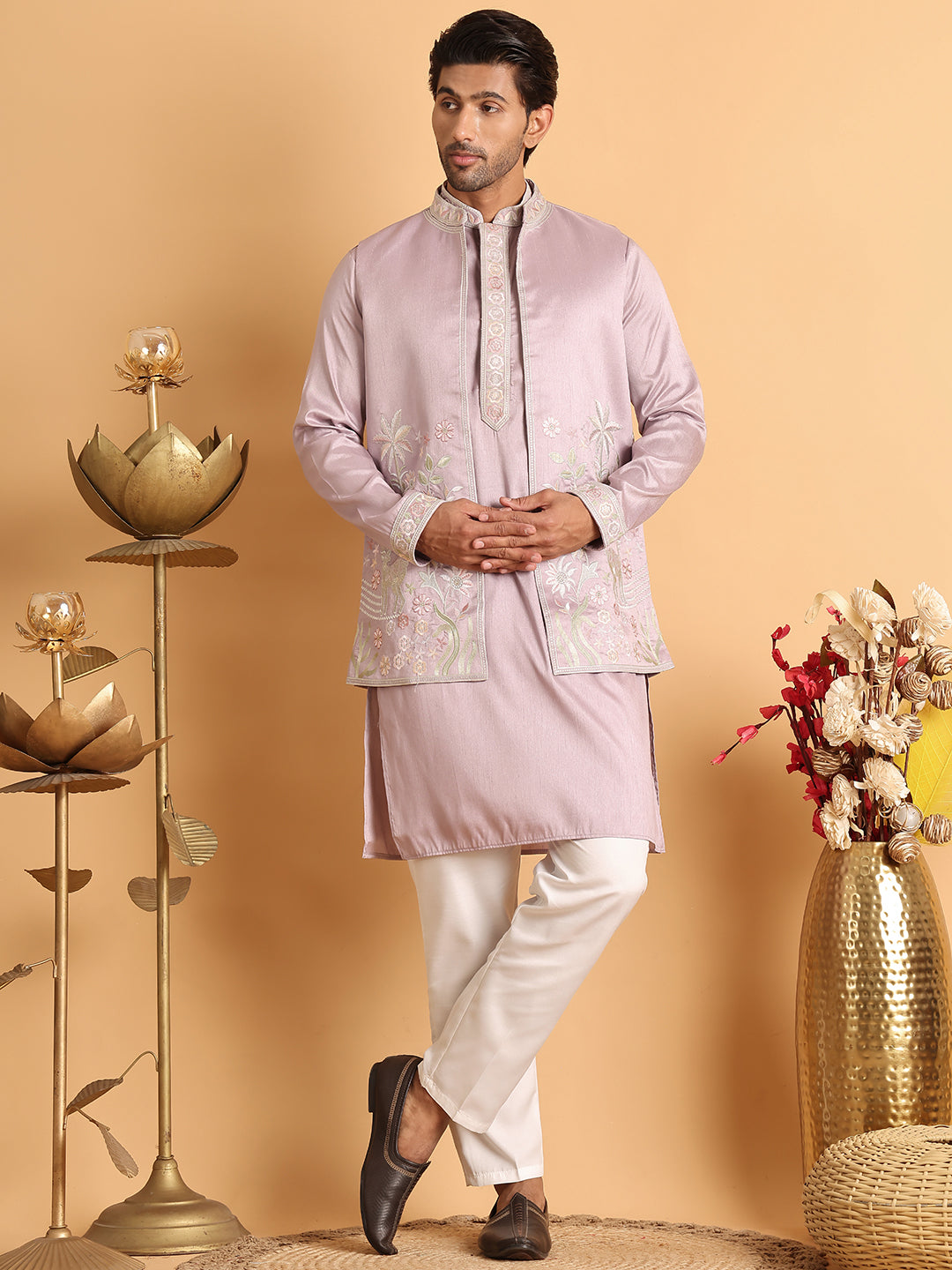 Embroidered Waistcoat And Kurta Pyjama For Men