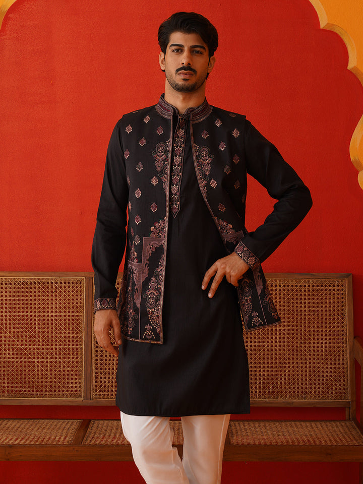 Embroidered Waistcoat &amp; Solid Kurta Pyjama For Men