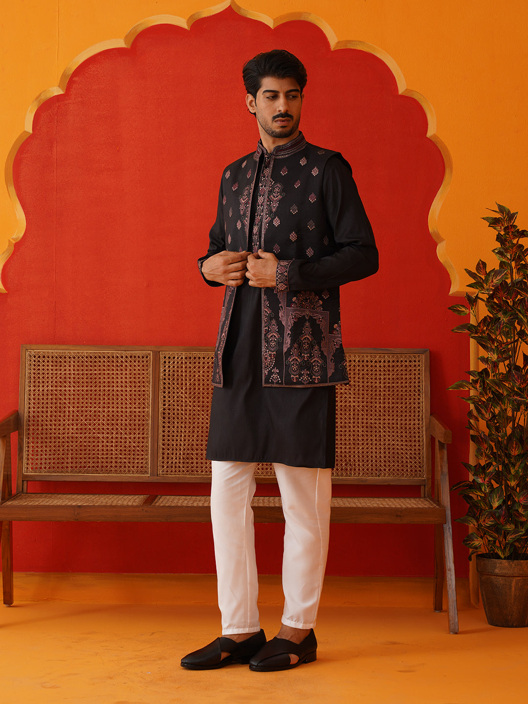 Embroidered Waistcoat &amp; Solid Kurta Pyjama For Men