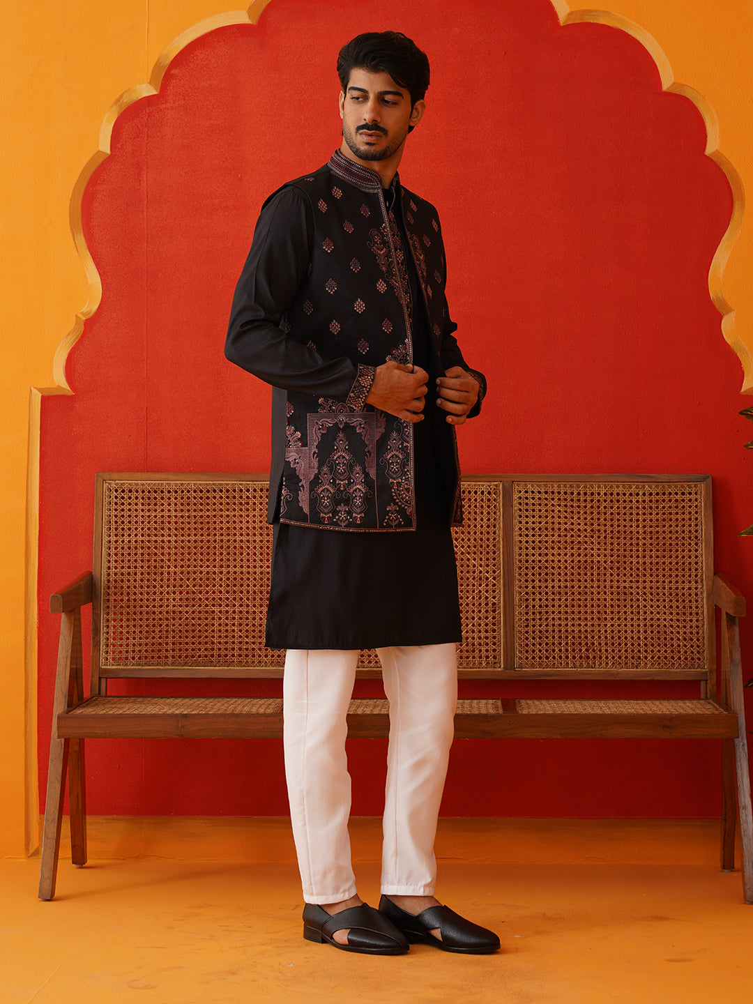 Embroidered Waistcoat &amp; Solid Kurta Pyjama For Men