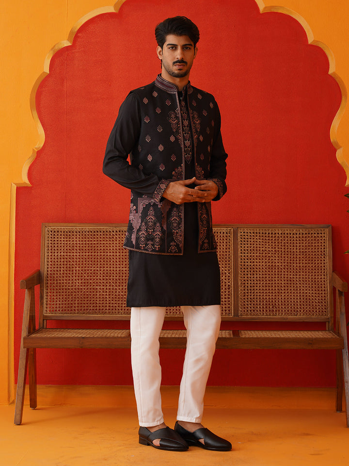 Embroidered Waistcoat &amp; Solid Kurta Pyjama For Men