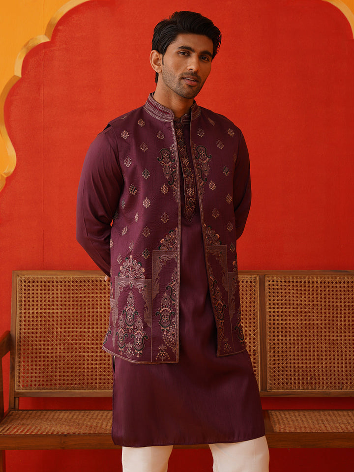 Embroidered Waistcoat &amp; Solid Kurta Pyjama For Men