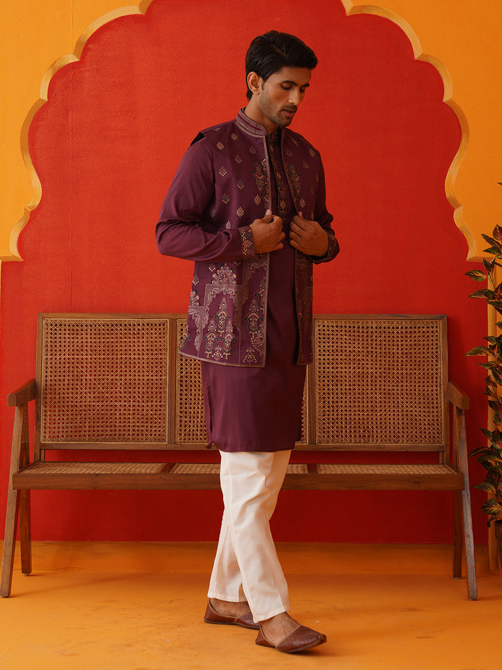 Embroidered Waistcoat &amp; Solid Kurta Pyjama For Men
