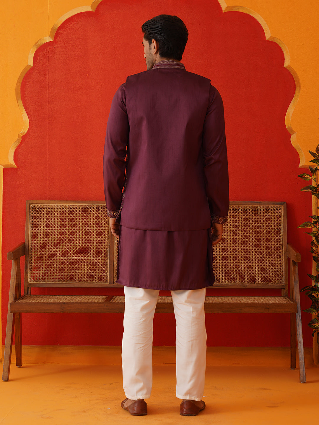 Embroidered Waistcoat &amp; Solid Kurta Pyjama For Men