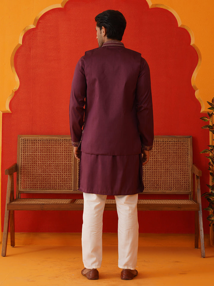 Embroidered Waistcoat &amp; Solid Kurta Pyjama For Men