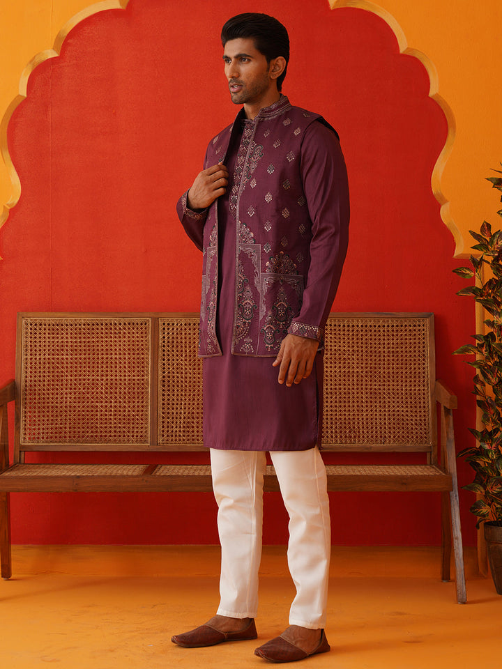 Embroidered Waistcoat &amp; Solid Kurta Pyjama For Men