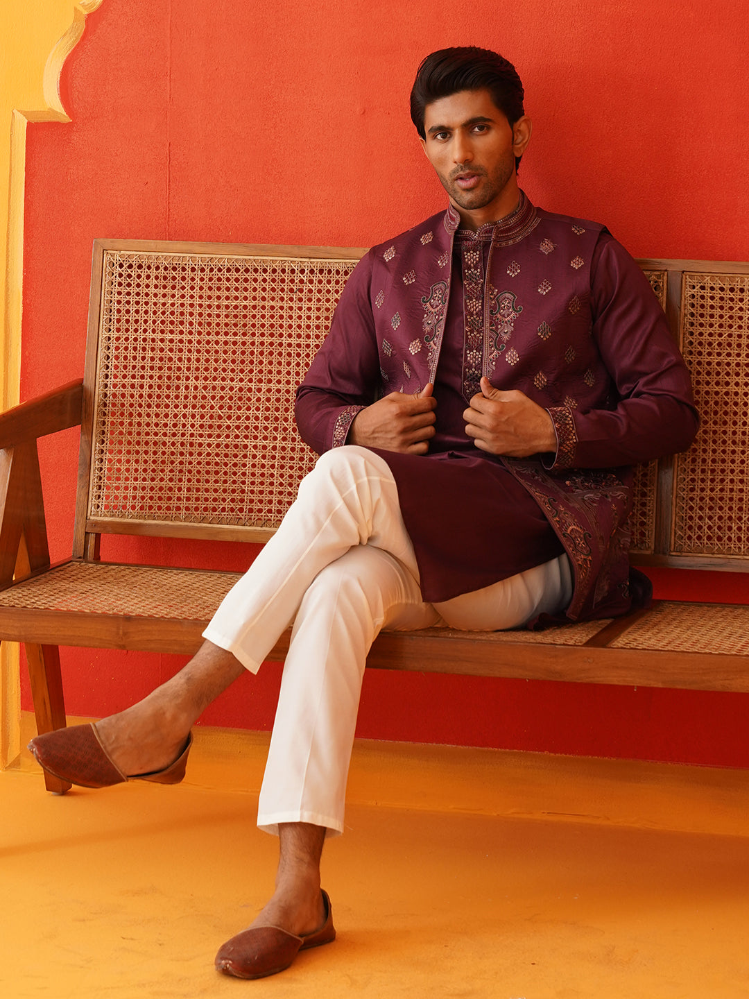 Embroidered Waistcoat &amp; Solid Kurta Pyjama For Men